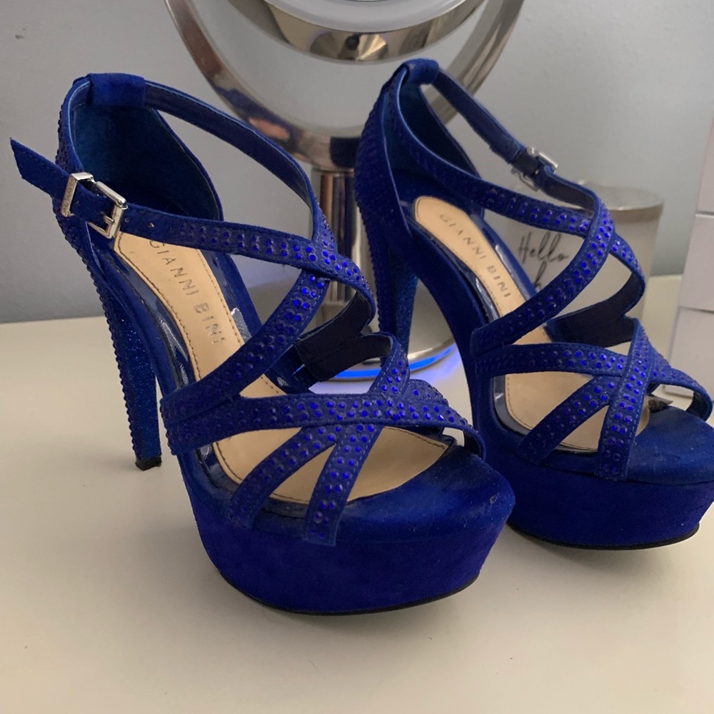 Blue Suede and Rhinestone Studded Heels